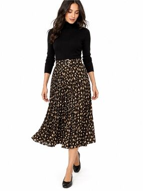 French Girl Leopard Pleated Midi Skirt Belted Lined M